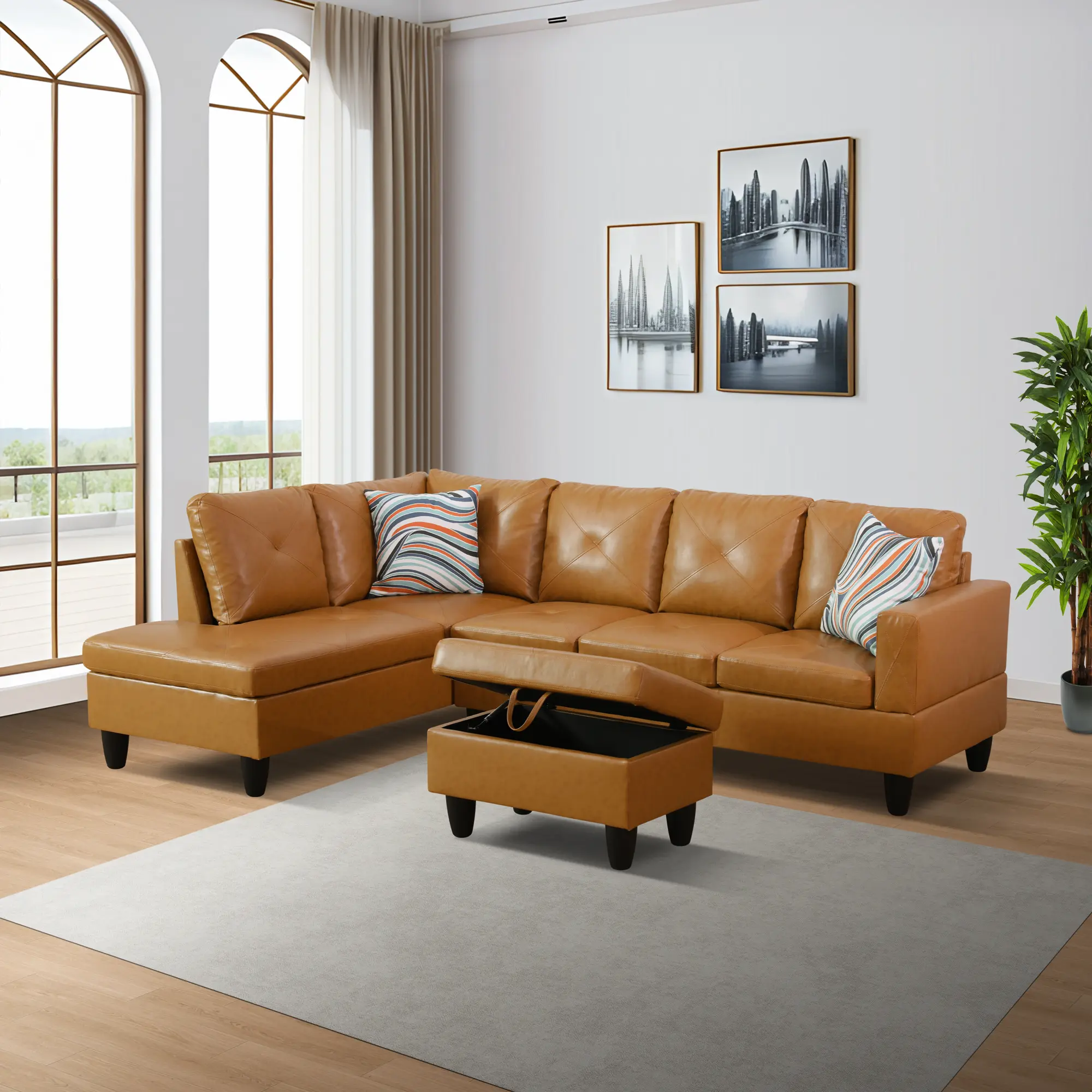 3-Piece Mid-Century Modern Ginger Faux Leather Sectional Sofa Set - Sturdy Contemporary Combination Sofa, Cushioned Retro Upholstered Decorative Indoor Furniture for Home Living Rooms, Cushioned Sofas