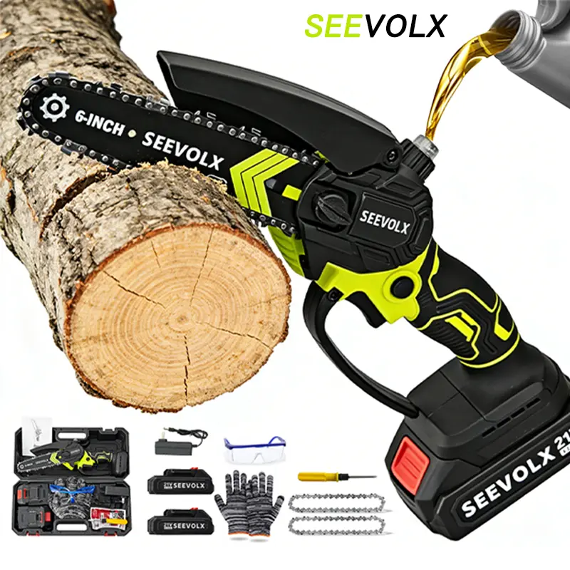 SEEVOLX 6-Inch Brushless Mini Chainsaw with Automatic Oiling System, Portable Cordless Electric Chain Saw for Wood Cutting, Pruning, Gardening & Camping, 2000mAh Battery Included, Suitable for Seniors & Women