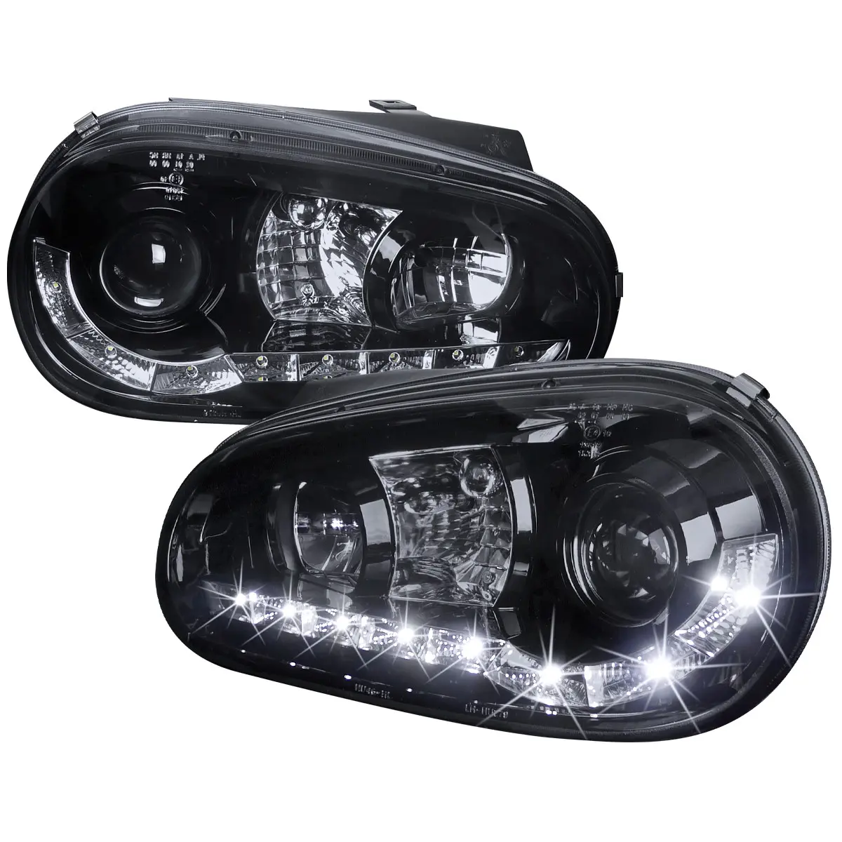 1999-2006 Volkswagen Golf Mk4 GTI/R32 Cabrio Projector Headlights w/ R8 Style LED Light Strip (Glossy Black Housing/Smoked Lens)