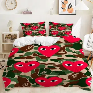 Camouflage Red Hearts Duvet Cover Set, Whimsical Bedding Set with Playful Cartoonish Design, Soft Microfiber Material, Perfect for Vibrant Bedroom Makeover, Includes 1 or 2 Pillowcase - No filling/Zipper Closure