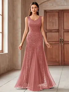 Miusol 23218 Women's Sequin Lace V Neck Tulle Mermaid Hem Evening Party Maxi Dress Chic Formal   Womenswear  Elegant Ball Gown SpringStatements