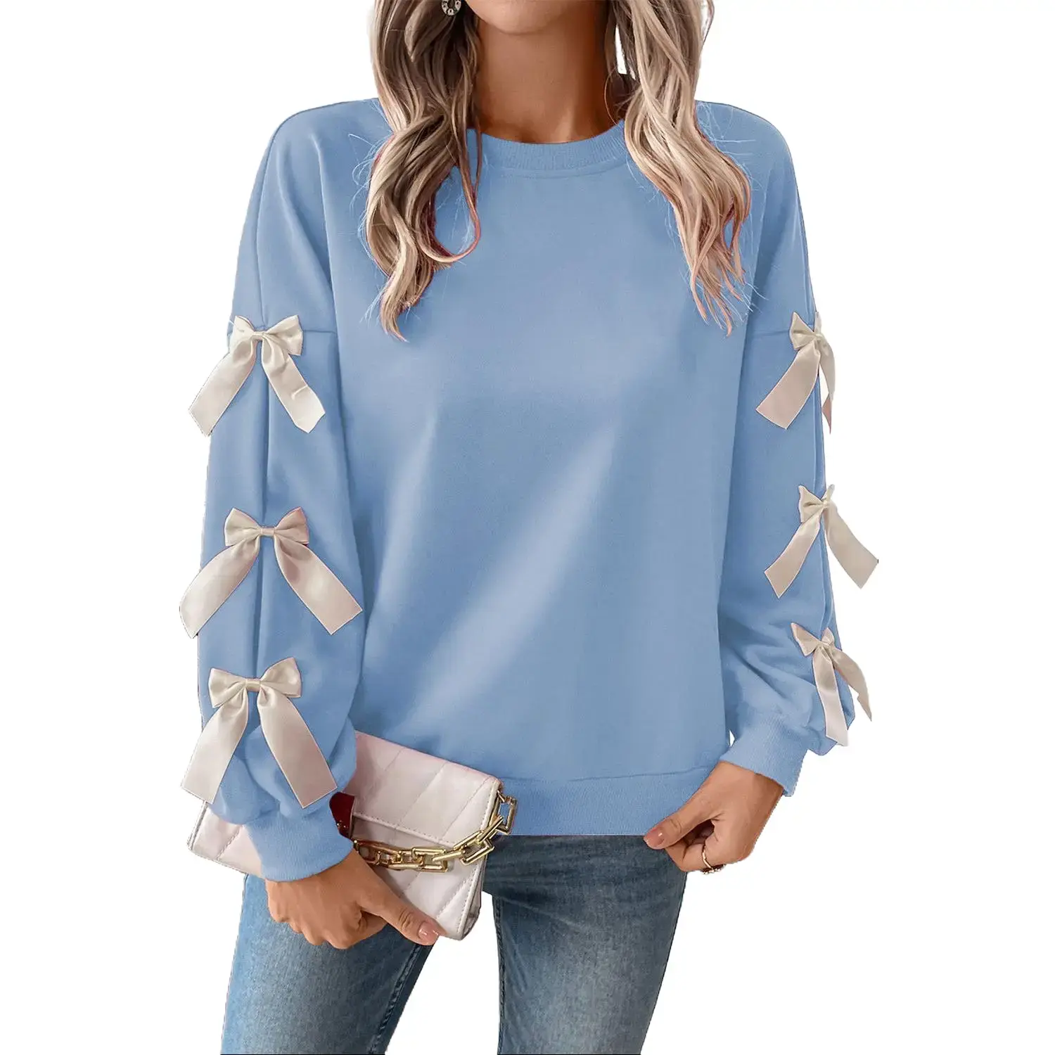 Women's Casual Round Neck Myosotis Contrast Bow Decor Long Sleeve Pullover Sweatshirt Tops