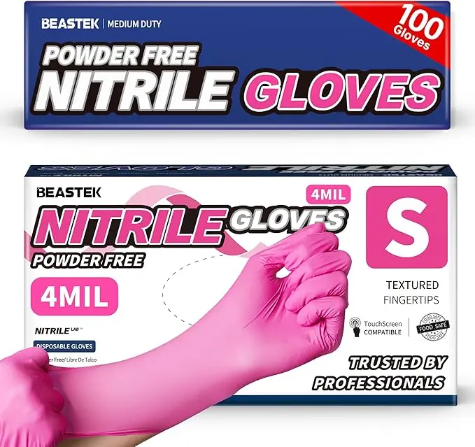 Beastek Nitrile Disposable Exam Gloves, 4Mil 100Ct Powder-Free Latex-Free Food-Safe for Cooking Medical Esthetician, Hot Pink