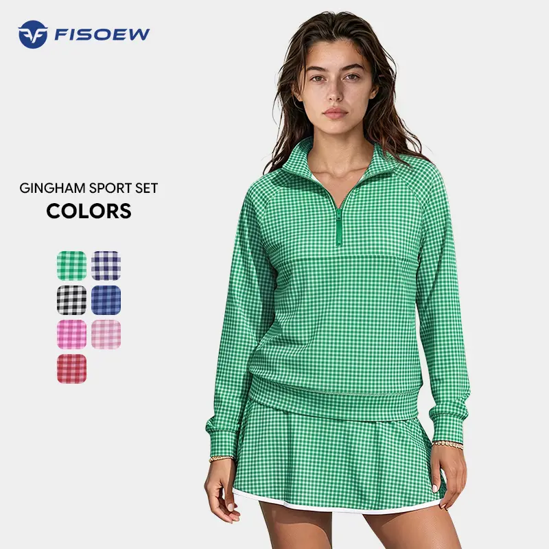 Fisoew Women's Plus Size Preppy Gingham Raglan Half-Zip Cropped Long Sleeve Active Top - Stretch Fabric Athletic Sweatshirt, Activewear Clothing for Tennis, Casual Fitness, Women's Tops