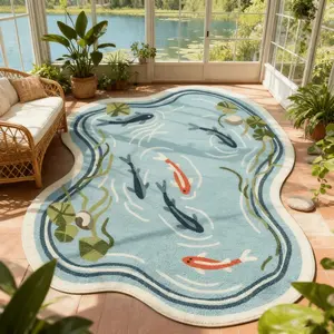 Oriental Koi Pond Pattern Carpet,1 PC Irregularly shaped floor mats,Lotus leaf pattern design,Soft plush foot pads,Washable and easy to clean,Washable soft rug,suitable for entry areas, living rooms, bedrooms, and sunrooms,Beautiful home decor