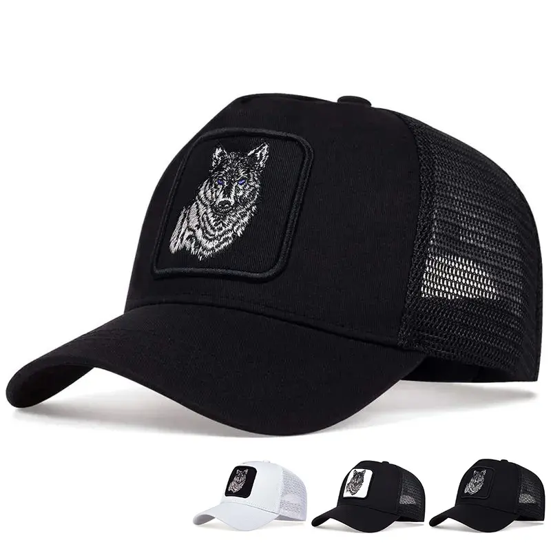 2-PACK  embroidered wolf head breathable mesh back button hats with fabric labels, summer sun resistant mesh baseball caps