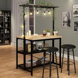 47" Natural Wood Finish Kitchen Island with Power Outlets, Baker's Rack, and Microwave Stand - Multi-Functional Island Table for Kitchen, Dining, and Living Room Home Led Modern Design