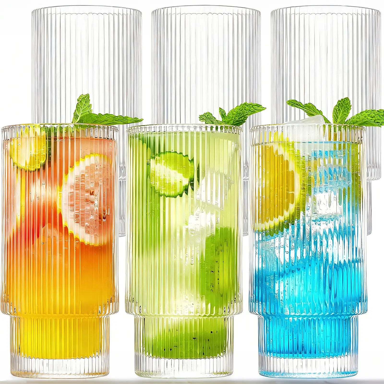 Ribbed Drinking Glasses Set of 6, 16 oz Vintage Glass Cups, Highball Glasses, Premium Iced Coffee Glasses, Clear Glass Tumbler, Cocktail Glasses, Elegant Glassware for Water Juice Whiskey Beer