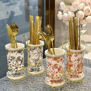 Flower Pattern Storage Jar, 1 Set Modern Kitchen Utensil Double Tube Holder with Frame, Countertop Storage Organizer for Pot Spatula, Home Organizer for Kitchen, Bottles, Canisters Set