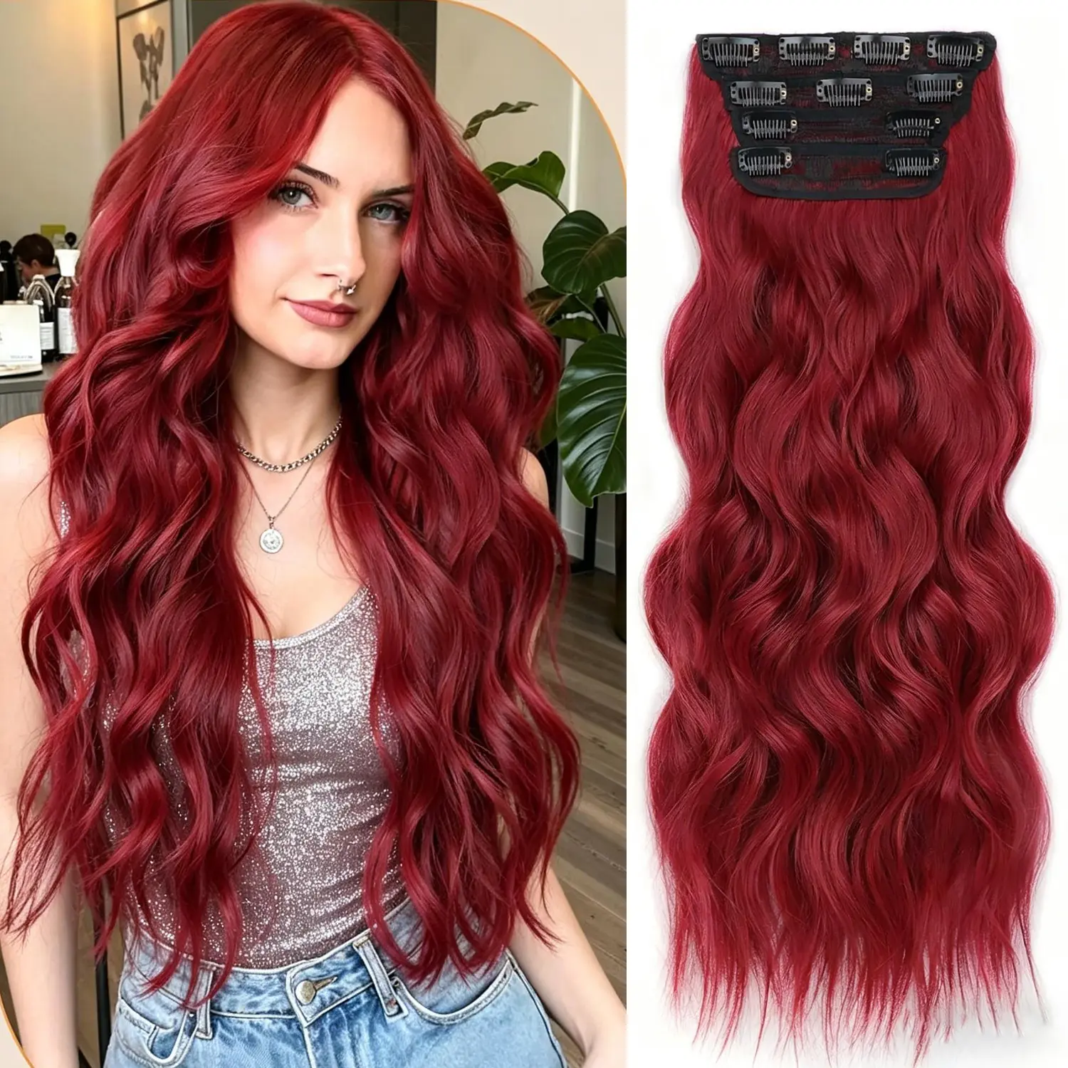 Clip in Long Wavy Synthetic Hair Extension 20 Inch Burgundy 4PCS Thick Hairpieces Fiber Double Weft Hair for Women 6.7 oz