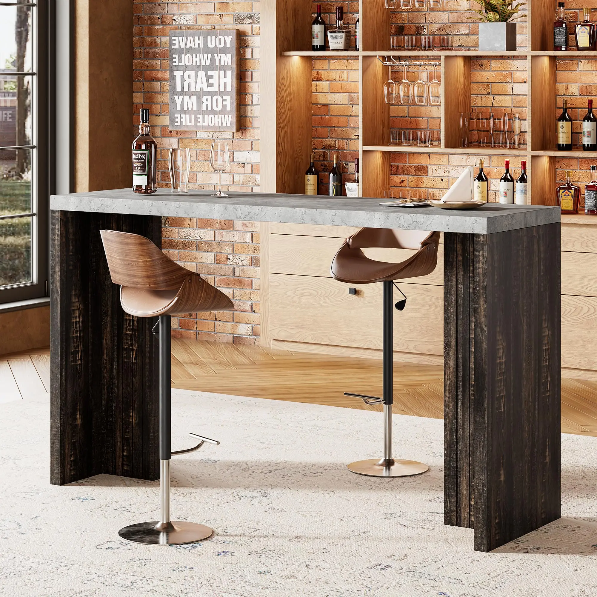 Sturdy Gray & Brown Counter Height Bar Table - 55.12in D x 15.55in W x 35.83in H, 55in Long Extra Thick Faux Marble Top, 300 lbs Capacity, with Assembly Tool & Mini LED Light, Modern Rectangular Unit for 4-6 People, Kitchen Use