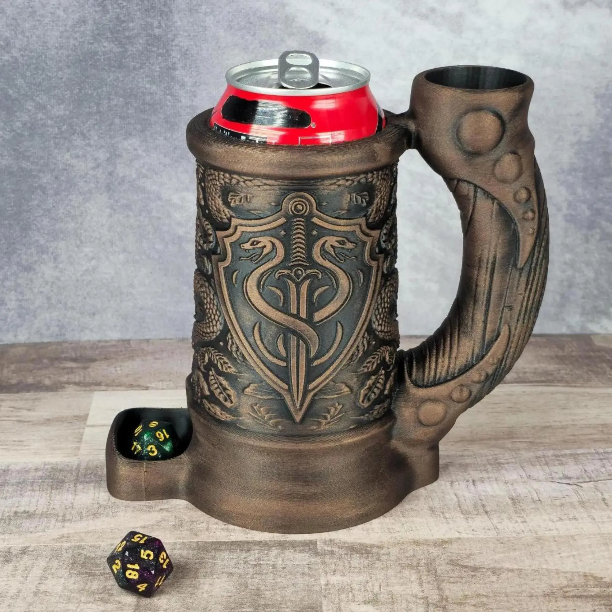 Druid Snake Dice Tower Mug Can Koozie - Table Top Gaming Cup for 12 oz Cans - DND Gaming Accessory Reusable