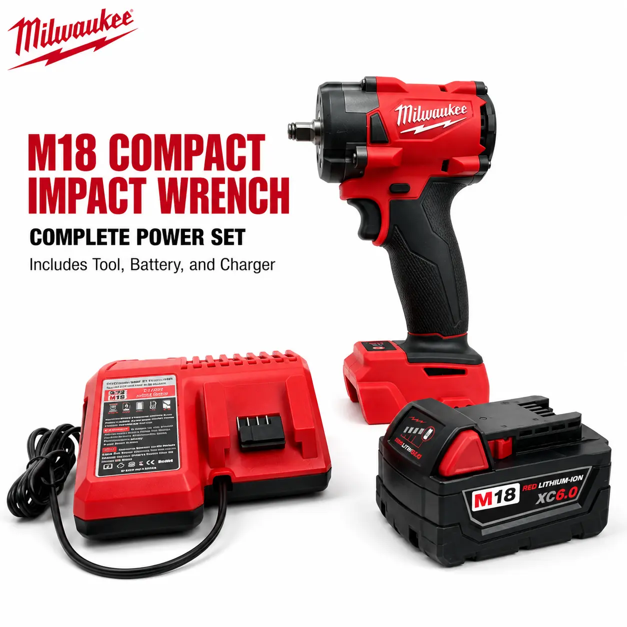 Milwaukee 3/8" Cordless Impact Wrench Tool with Battery Kit, 300N.m High Torque, Compact Design, 0-2800RPM, 0-3200IPM, 3/8" Fastener Fit, for Garage, Mechanics, DIY Users, Auto Body Repair & Light Construction