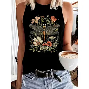 Women's Dragonfly & Floral Print Round Neck Tank Top, Casual Sleeveless Printed Graphic Top for Summer, Ladies Clothes for Daily Wear, Socks