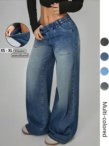Women's High Waisted Casual Pants, Loose Fit Wide Leg Denim Jeans with Pockets, Elastic Waist, Button Front, All Seasons, Perfect for Daily Wear and Partiesstacked pants Womenswear