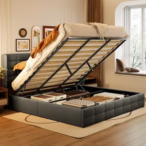 Gizoon Full & Queen & King Lift Up Storage Bed with Storage Upholstered Platform Bed Frame with Modern Wingback Headboard Woodern Slats Support Hydraulic Support No Box Spring Needed