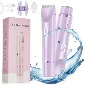 Bikini Trimmer for Women, Electric Shaver, Razor, Hair Trimmers, Rechargeable 2-in-1 Intimate Pubic Trimmer Body and Facial Hair Removal Double Head for Painless Trimming of Face, Underarm, Legs, IPX7 Waterproof, pink, Brazilian Wax Alternatives