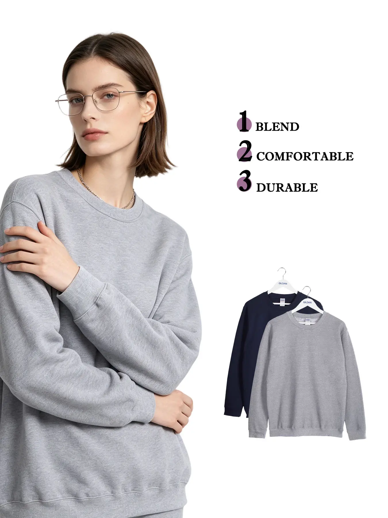 2 Pack GILDAN 18000 Crewneck Sweatshirt Women Cotton Blend Fleece Pullover Plain Blank Oversized Long Sleeve Top Grey Navy Shirt, Women's Crewneck Pullover Sweatshirt, Casual Everyday Women's Top for Daily Wear