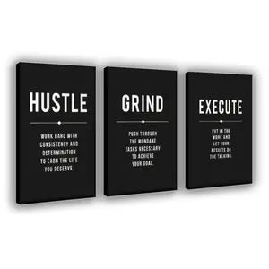 Black Hustle Grind Execution Wall Art Set of 3 Canvas Poster, Office Inspirational Motiviational Wall Decor Art Positive Quotes Posters Living Room Pictures Wall Decor