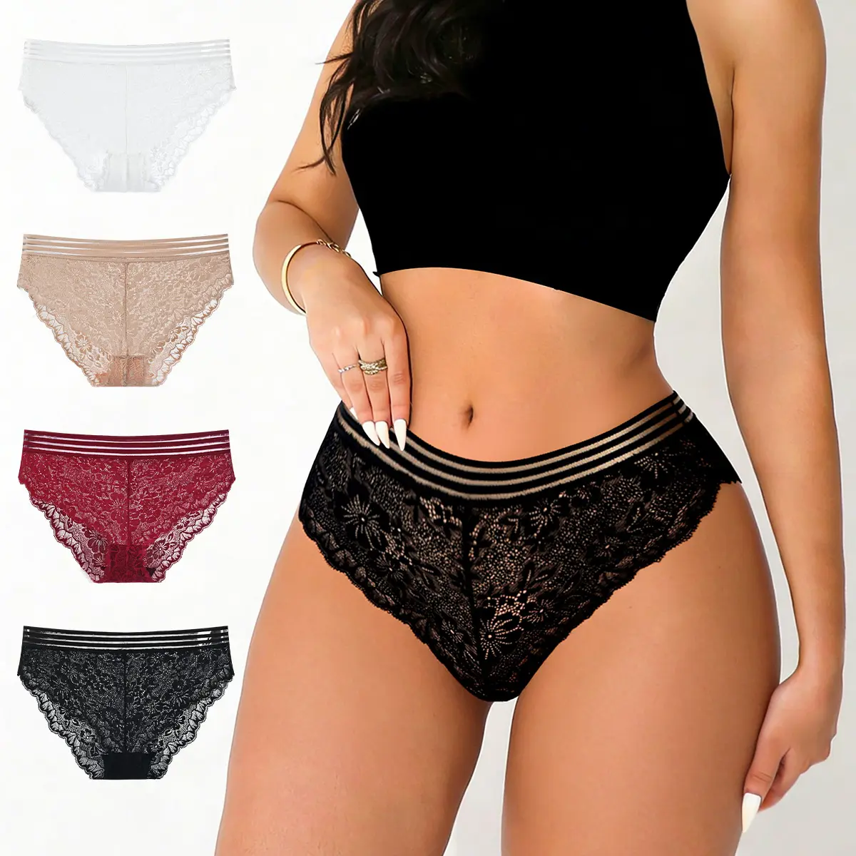 Hotcom Women's Elegant Sexy Silk Lace Briefs - 4PCS Ladies' Mixed Color Underwear, Individual Package, Basic & Plus Sizes, Black, Red, Beige, White, Black Striped, Everyday Wear
