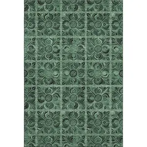 HomeRoots 667741 10 x 14 ft. Green & Charcoal Medallion Transitional Washable Machine Made Rectangle Area Rug with UV Protection