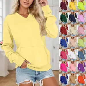 2025 autumn/winter women's V-neck solid color hooded sweatshirt with pockets, loose long sleeved pullover, casual minimalist top, elegant daily style, women's hooded sweatshirt style, jeans and leggings