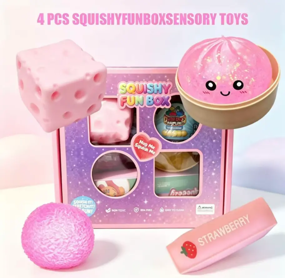 Kawaii Pink Slow-Rising Squishy Set (4-Piece), Sparkle Glitter Stretch Toys, Non-Toxic Sensory Stress Relief Gift Box for Teens, Girl, Sensory Play