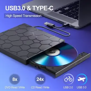 8-in-1 USB 3.0 ultra-thin external CD/DVD drive - portable DVD player+CD burner compatible with Mac/Windows/Linux for laptops/desktops