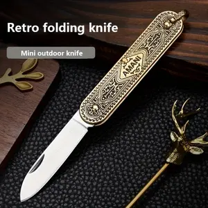 Vintage Etched Brass Handle Pocket Knife, Sharp And Lightweight Collectible Folding Knife Keychain Pendant, Multi-functional For Home And Outdoor Rope Cutting. Food Preparation, Box Opening, Ideal Gift For Men.