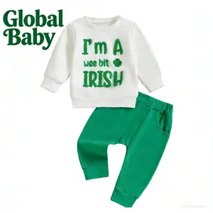 Global Baby St. Patrick's Day Baby 2Pcs Spring Outfits Long Sleeve Clover Embroidery Sweatshirt + Pants Set Infant Clothes Set Outfits Infant Letter Print Long Sleeve Round Neck
