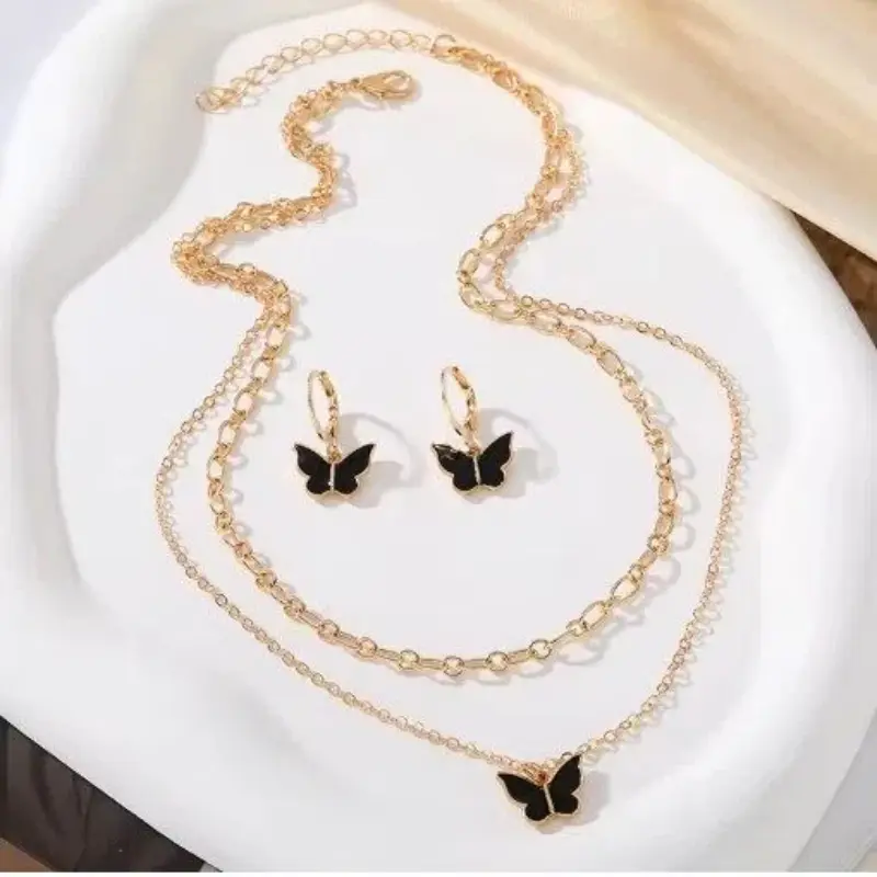 New Fashion 2 Piece Jewelry  Butterfly Necklace Earrings Set For Women  Gift   Boho Colorful Pendant Earrings  Chain Set Jewelry  Womens
