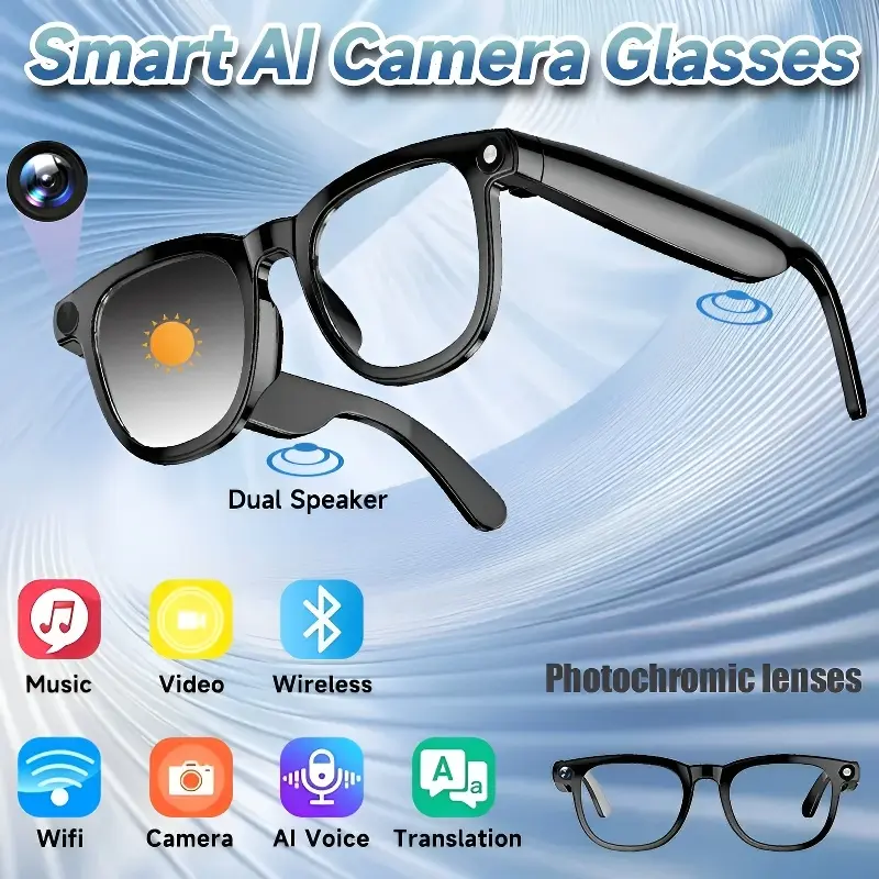 Smart AI Camera Glasses 8MP Resolution Dual Speaker Bluetooth Wireless Photochromic Lenses AI Voice Translation Hands-Free Photography Multifunctional Audio Sunglasses Christmas Gift Wearable Devices Valentine's gift