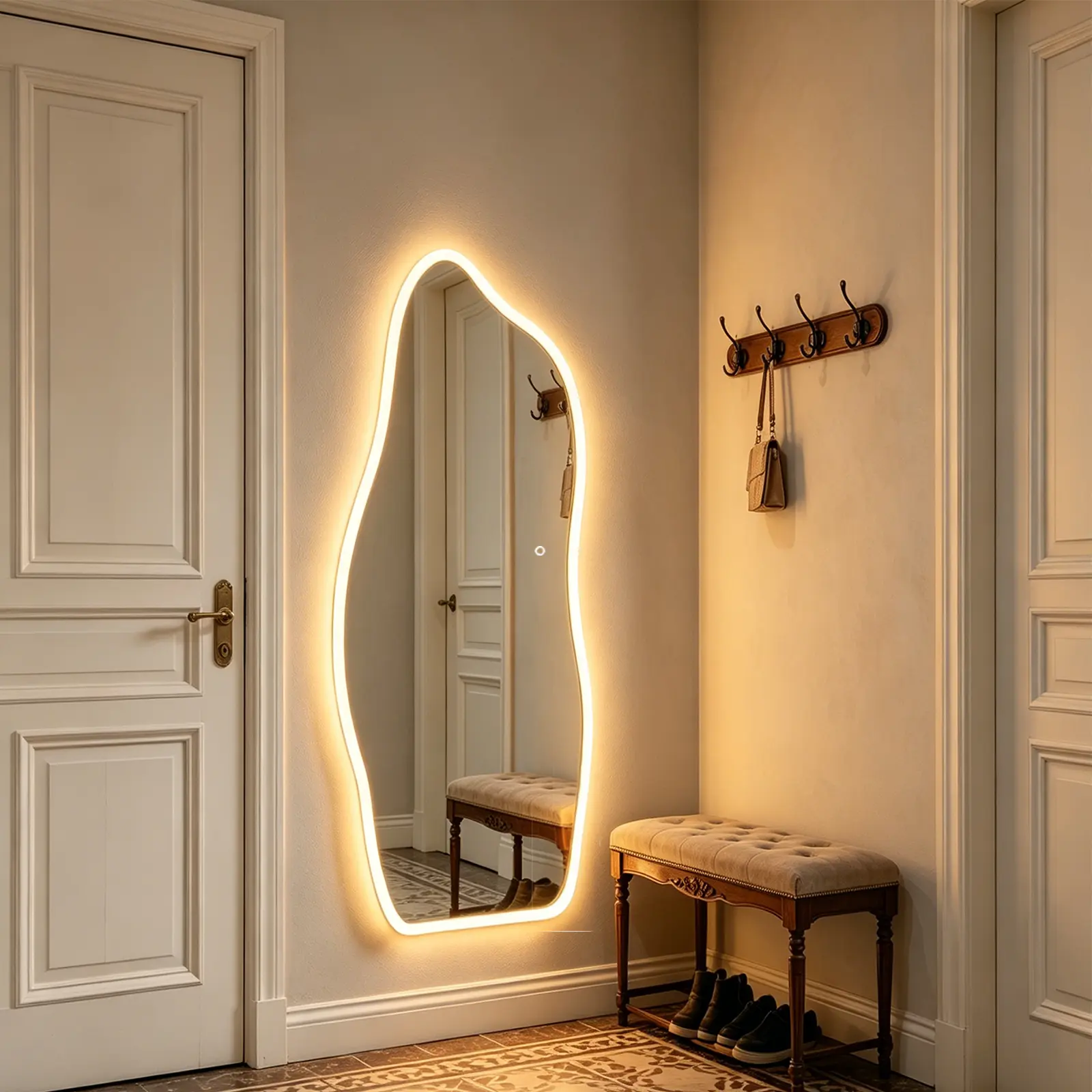 Irregular Wavy LED Full Length Mirror, Tempered Glass Dimmable Touch Control Wall Mirror, Aesthetic Cloud Shaped Vanity Mirror for Bedroom Bathroom