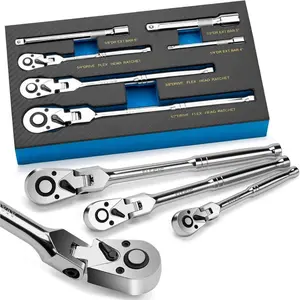 6-Piece Flex Head Ratchet Set, 1/4", 3/8", 1/2" Drive, Swivel Head Ratchet Wrench with Extension Bar, 72 Tooth, 180 °   Adjustable, Quick-Release, Flexible Ratchet Handle with EVA Foam