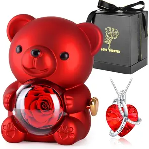 Cute Teddy Bear with Preserved Rose,Eternal  Rotating Rose Box with Necklace Romantic  for Her in Valentine's Day, Mother's Day,Weddings,Anniversaries,and Bridal Showers