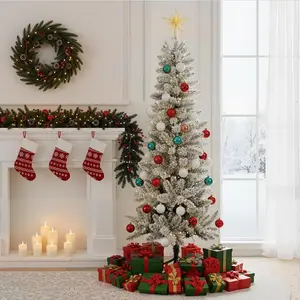 Snow Flocked Pencil Christmas Tree - 9ft Pre-lit Artificial Tree with 500 LED Lights & Winter-Kissed Design | Easy Setup & Foldable Base for Festive Spaces #FlockedTree #ChristmasDecor #SnowyTree #HolidayHome