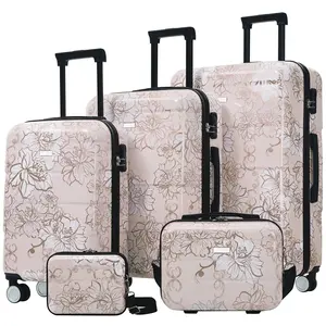 Fahuac 5-Piece Hardshell Luggage Set - New Polycarbonate Stylish Rugged Lightweight Travel Set with Digital Lock, Spinner Wheels, 20" 24" 28" Suitcases + 8" 14" Cases, Floral Print for Vacation