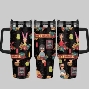 Bob’s Burgers Cartoon Family 40oz Tumbler with Handle, Funny Animated Sitcom Aesthetic Cup, Belcher Family Fan Gift, Cute Food Theme Travel Mug, Stainless Steel Insulated Tumbler