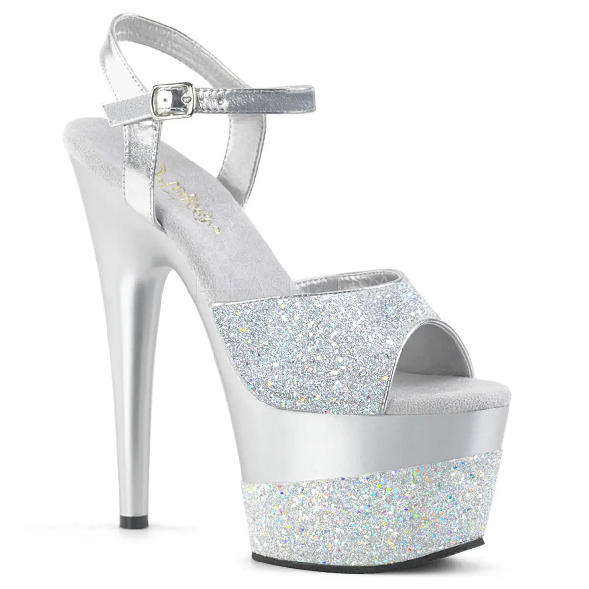 Women's Stiletto Heels, Silver Multi Glitter Platform Sandals with 7-in Heel, Open Toe & Ankle Strap for Pole Dancers, Heeled