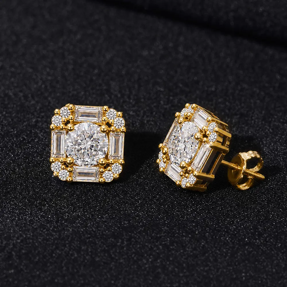 Unisex 5A+ Cubic Zircon Square Stud Earrings, Geometric Round-Baguette Design, Hypoallergenic Metal Coating Fashion Jewelry for Christmas, Valentine's Day, Anniversary