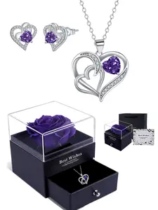 Heart Shape Jewelry Set, Birthstone Double Heart Pendant Necklace & Silver Color Earrings, Eternal Rose Gift Box, Ideal Birthday Present