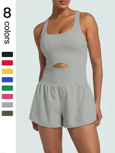 Women's Solid Color Racer Back Sports Romper with Removable Chest Pad, Casual Comfy Breathable Sleeveless Jumpsuit for Yoga Gym Workout, Ladies Sportswear for All Seasons, Sporty Jumpsuit