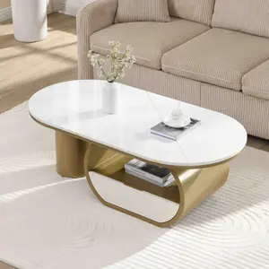 Luxury Oval Coffee Table, 47.24'' Modern Oval Decorative Coffee Center Table with White Faux Marble Top and Gold Metal Base and 1 Drawer, Cocktail Tea Table for Living Room Apartment