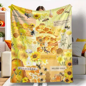 Sunflower and Honey Bee Flannel Blanket with Radiant Sunshine Print， Soft Cozy Warm Lightweight Design， Perfect for Sofa Decor， Bedroom Accent， Outdoor Picnics， Summer Getaways， Housewarming Gifts tiktokshopspringglowup