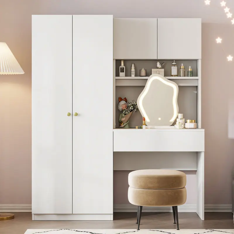 2-Door Wooden Storage Vanity Wardrobe for Bedroom with Makeup Mirror and Drawers White