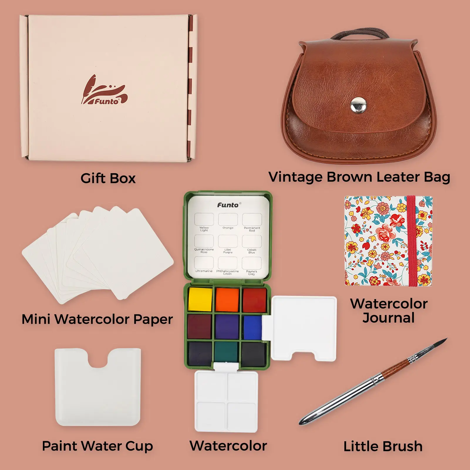 Funto Pocket Watercolor Paint Set, Perfect Gift for Anyone, Travel Friendly Kit-with 9 Vibrant Colors, 2 Palettes, Mini Leather Bag, Paint Water Cup,