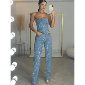 Diamond Vest Jeans Set For Women Sleveless Tube Tops High Waist Pocket Denim Pants Suit Female 2025 Spring Summer Lady Bodysuit