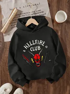 New Spring And Autumn Children's Clothing, Boys And Girls' Creative Hooded Sweatshirts, Stranger Things Hellfire Club Printed Tops, Graphic Hoodies, Fashion Hoodie, Trendy, Casual Daily Wear Versatile For All Occasions, Ideal Gift Choice