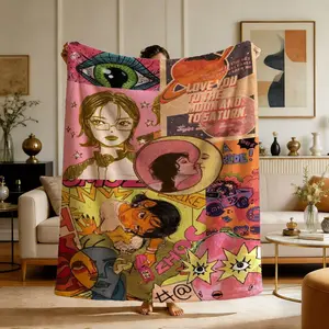 Comfortable Pop Art Patchwork Print Flannel Blanket, Soft Warm Anti-Pilling, Ideal for Nap, Camping, Travel, All Seasons Gift