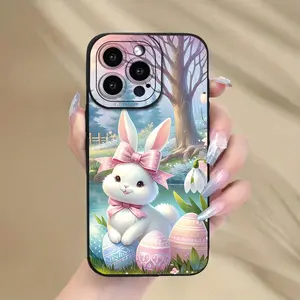 Colorful Easter eggs and bunnies, unique anti-drop black phone print, suitable for iPhone 17/16/15/14/13/12/11/X/XS/XSMAX/XR/12.13MINI/16E, suitable as a Valentine's Day gift for friends, family, and girlfriend, Cover, Accessories, Smartphone, Cellphone